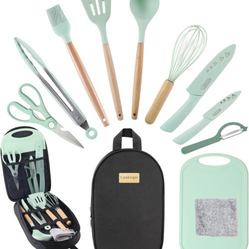 Camping Accessories Kitchen Cooking Utensils Set – Portable Outdoor Camp Cookware Set, Silicone Camper Essentials Gear Must Have Supplies for Travel RV BBQ Grill Picnic Hiking