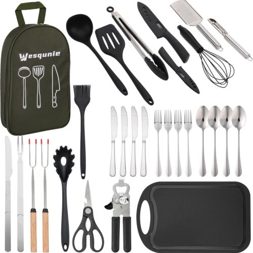 Camping Cooking Essentials Utensils Set – Camp Cookware Kitchen Accessories Kit, Camper Gear Must Haves, Stainless Steel & Silicone, RV Car Portable Outdoor Equipment Tool