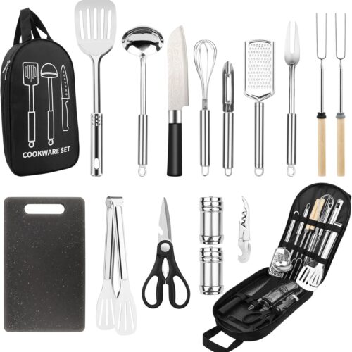Camping Cooking Utensils Set, Stainless Steel Grill Tools, Camping BBQ Cookware Gear and Equipment for Travel Tenting RV Van Picnic Portable Kitchen Essentials Accessories