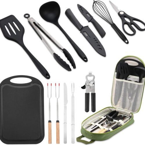 Camping Essentials Cookware Cooking Utensils Set – Portable Camp Kitchen Mess Kit Outdoor Accessories, Stainless Steel & Silicone, Camping Gear Equipment for RV Picnic Grill