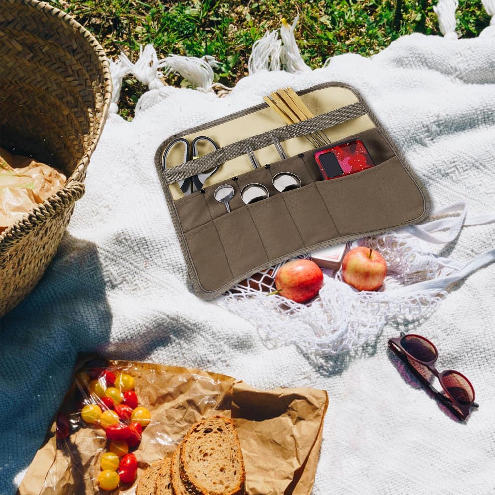 Camping Tableware Organize Bag, Knife Roll Cookware Set Canvas Storage Portable Hanging Picnic Cutlery Tablewares Storages Hang Out Equipment Hygiene Lightweight for Outdoor Barbecue Activities - Image 2