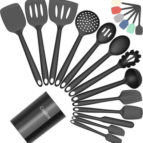 Coukre Silicone Kitchen Cooking Utensils Set with Holder – Heat-Resistant, Food-Grade Kitchen Tools, Spatula, Spoon & Gadgets for Non-Stick Pans, Dishwasher Safe (14, PureBlack)