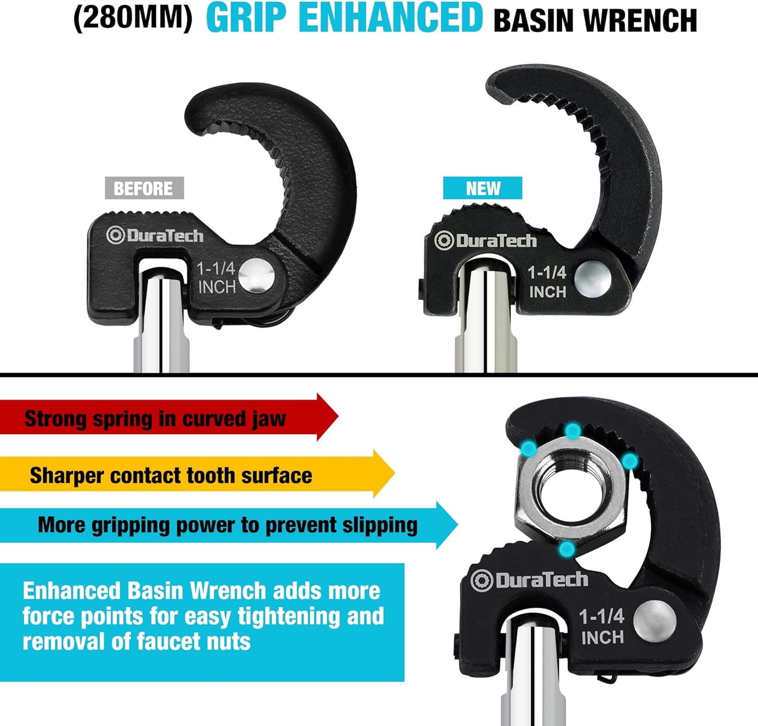 DURATECH 11" Basin Wrench, Sink Wrench, Adjustable Tap Nut Spanner Basin Spanner, Capacity of 3/8" to 1-1/4" for Fixing Back and Union Nuts Under Sink - Image 2