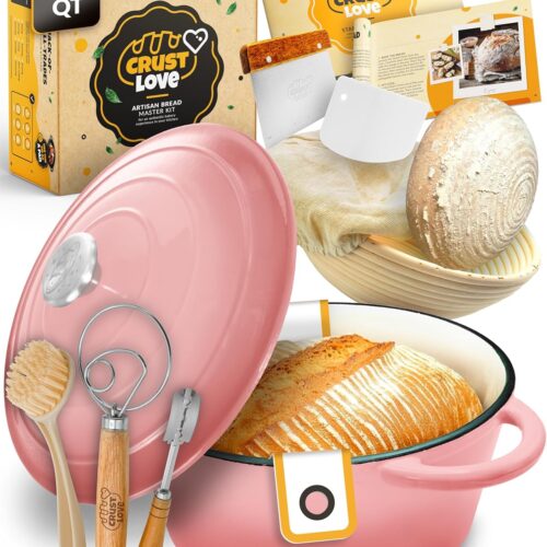 Dutch Oven for Bread Baking – incl. Sourdough Bread-Baking Supplies like Banneton Bread-Proofing Basket – 5QT Enameled Cast Iron Bread-Oven with Lid, Baking Pan, Scoring Tool Lame