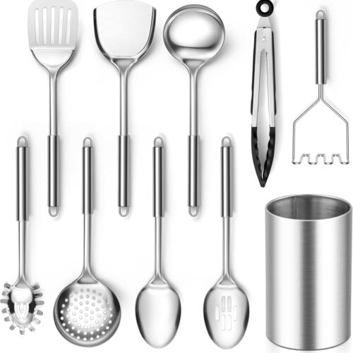 E-far Cooking Utensils Set, 10-Piece Stainless Steel Kitchen Utensils with Holder, Metal Heat Resistant Kitchen Cookware Tool Spatula Set for Cooking, Easy Clean & Dishwasher Safe