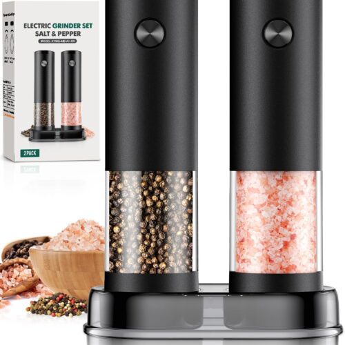 Electric Salt and Pepper Grinder Set Automatic Battery Pepper Mill Shakers Adjustable Coarseness Easy Filling Upgraded Larger Capacity with Led Kitchen Appliances (2 Pack Black/Black）