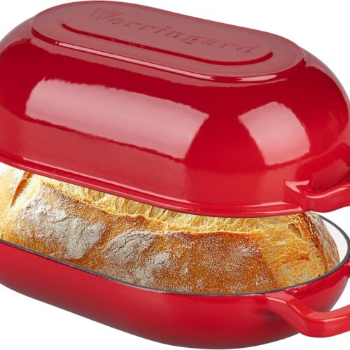Enameled Cast Iron Sourdough Bread Oven, Dutch Oven, Loaf Cast Iron Bread Pan for Homemade Bread Baking, Meatloaf Pan with Lid, 5QT, Red