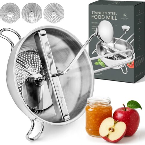 Ergonomic Food Mill Stainless Steel With 3 Grinding Discs – Rotary Food Mill for Tomato Sauce, Applesauce, Puree, Mashed Potatoes, Jams, Baby Food
