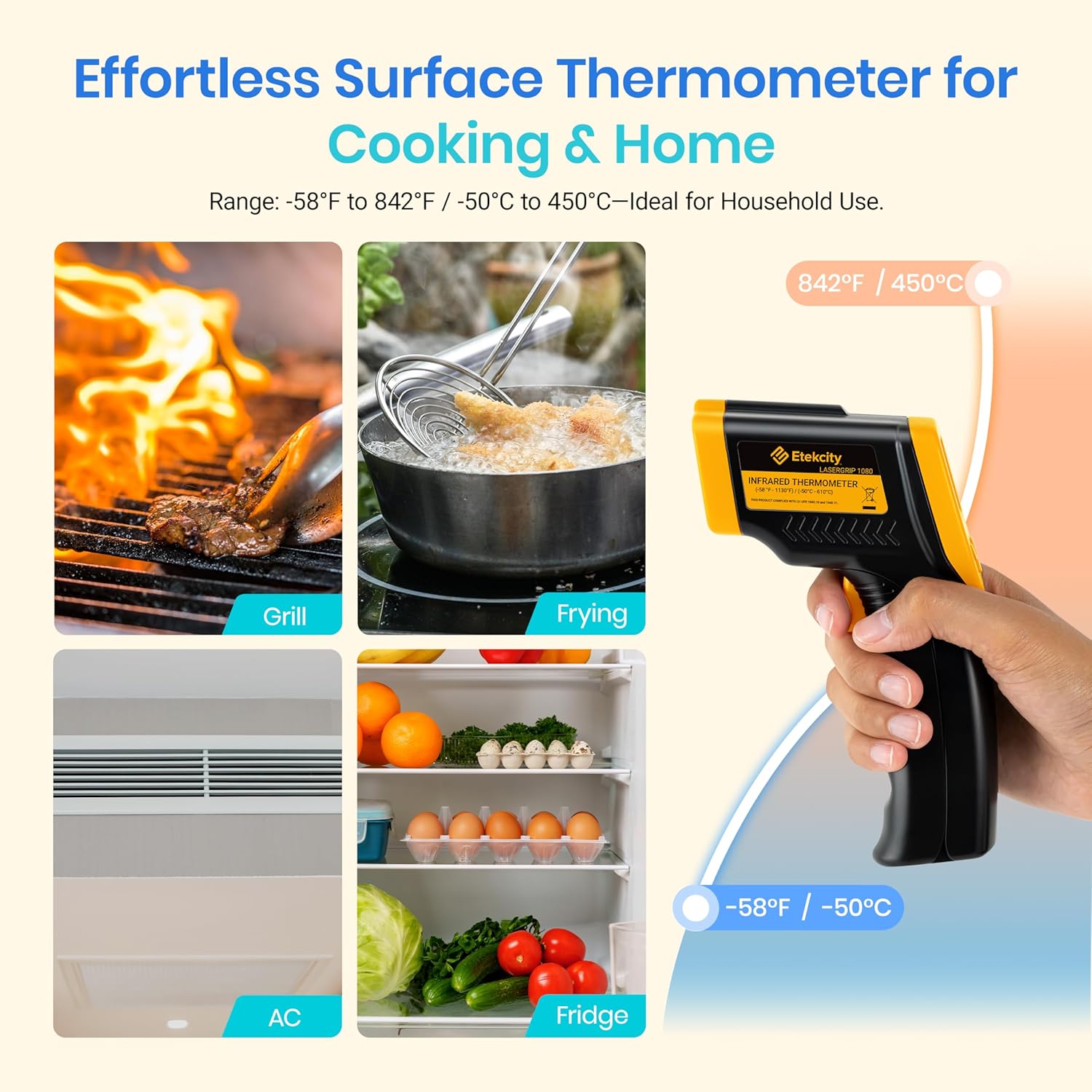Etekcity Infrared Thermometer Laser Temperature Gun 774, Meat Food Candy Oven Thermometer for Griddle Accessories, Heat Gun for Cooking Refrigerator Tools, Yellow - Image 2