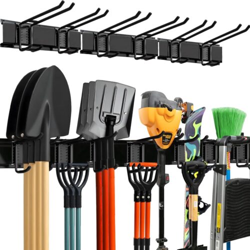 Garage Wall Organizer | 48″ Heavy-Duty Tool Storage Rack | Adjustable Double-Layer Hooks | 300 lbs Capacity | Carbon Steel Wall Mount Holder for Shovels, Rakes, Ladders & Power Tools