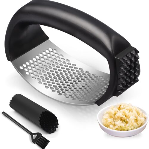 Garlic Press Rocker, Stainless Steel Garlic Mincer and Garlic Crusher, Easy-Squeeze Garlic Tool with Peeler and Cleaning Brush for Smashing Garlic