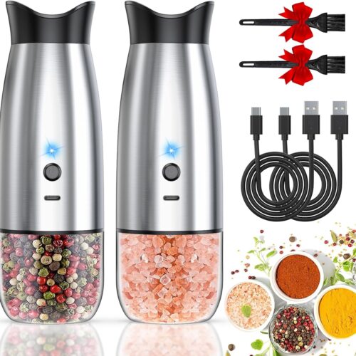 Gravity Electric Salt and Pepper Grinder Set, USB Rechargeable, No Battery Needed, Adjustable Coarseness, Automatic Mill Grinder with Warm LED Light, One Hand Operated for Kitchen, Restaurant, Outdoor