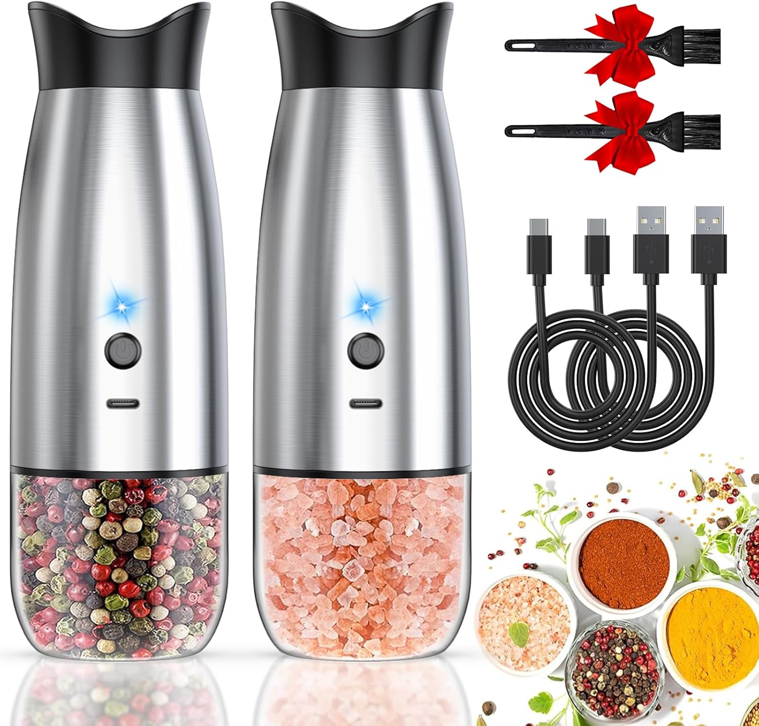 Gravity Electric Salt and Pepper Grinder Set, USB Rechargeable, No Battery Needed, Adjustable Coarseness, Automatic Mill Grinder with Warm LED Light, One Hand Operated for Kitchen, Restaurant, Outdoor