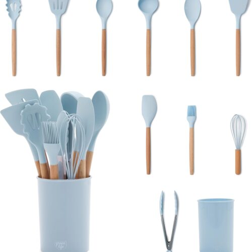 GreenLife 11 Piece Silicone Utensil Crock Set, Nonstick Kitchen Tools, Safe to 392°F, Ladle, Turner, Slotted Turner, Spatula, Spoon, Spaghetti Server, Basting Brush, Whisk, Tongs, Crock, Blue Haze
