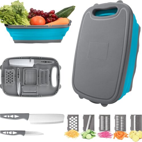HI NINGER camping cutting board, Collapsible Chopping Board with Colander, 9-In-1 Multi Chopping Board Kitchen Vegetable Washing Basket for Camping,Camping Gifts Camping Accessories for RV Campers