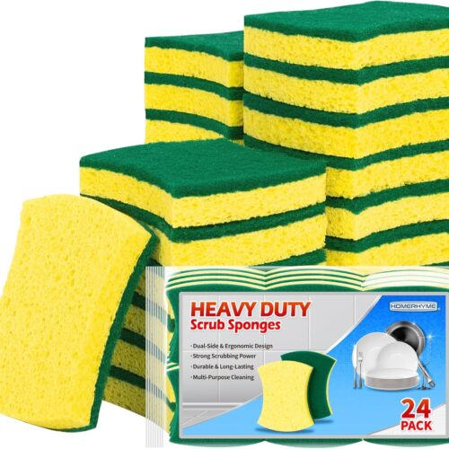 HOMERHYME Heavy Duty Scrub Sponge 24 Pack, Eco Cellulose Kitchen Dish Sponge Multipurpose Ergonomic for Washing Dishes, Uncoated Cookware & Household Cleaning.
