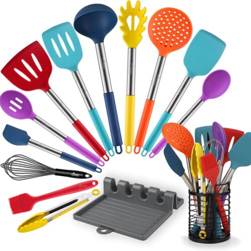 HOTEC 446°F Heat Resistant Silicone Kitchen Utensils, Cooking Utensil Set, Spatula Set, BPA Free, Kitchen Gadgets, Utensils Holder, Dishwasher Safe, 14pcs Multicolor