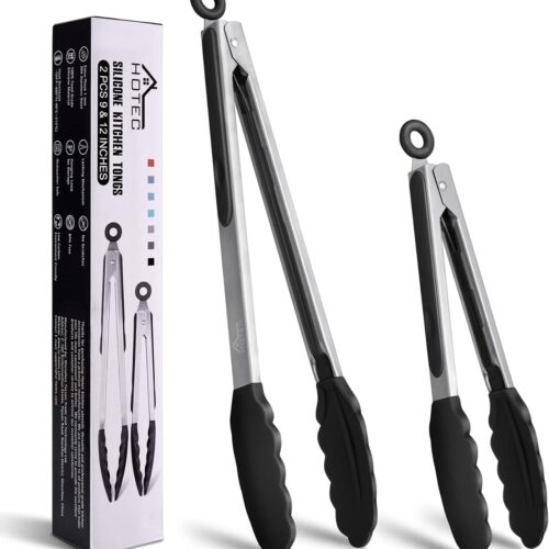HOTEC Premium Stainless Steel Locking Kitchen Tongs with Silicon Tips, Set of 2-9″ and 12″