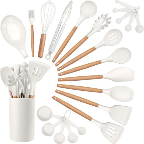 HaWare Kitchen Cooking Utensils Set, 23-Piece Silicone Kitchen Utensils Spatula Set with Holder, Heat Resistant Wooden Handle Kitchen Gadget for Nonstick Cookware, Food-grade Turner Spoon Sets (White)