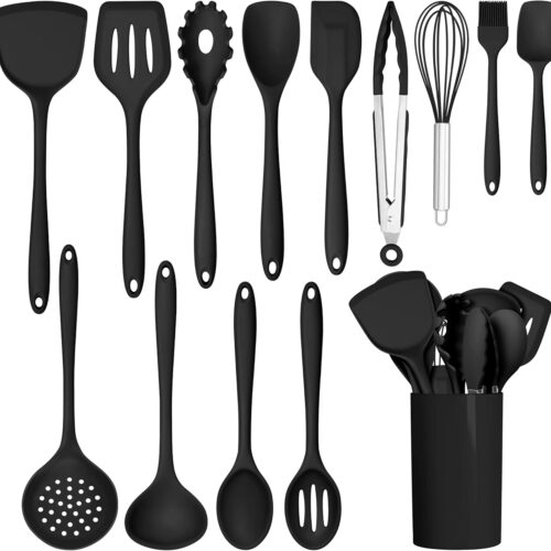 HaWare Kitchen Utensils, 14 PCS Silicone Cooking Utensils Set, Heat Resistant Kitchen Utensils for Non-stick Cookware, Kitchen Gadgets Tools with Spoons, Spatulas, Whisk, Dishwasher Safe (Black)