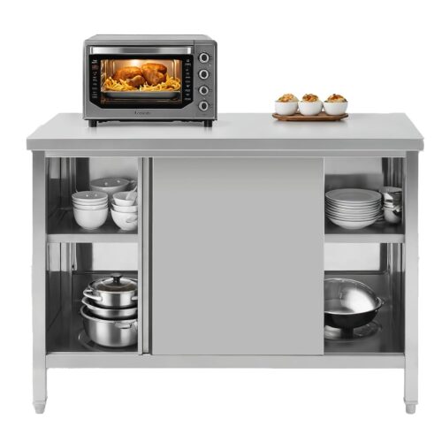 Hally Stainless Steel Cabinet, 30″ x 48″ NSF Commercial Heavy Duty Prep Workbench with Two Sliding Doors, Large Storage Cabinet, Metal Table for Kitchen, Restaurant, Garage