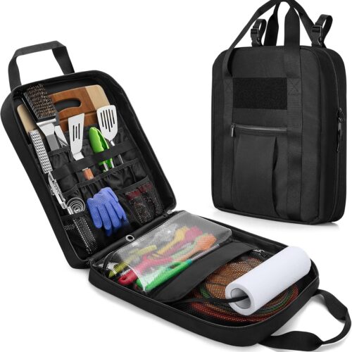 Hanging Camp Utensil Organizer with Towel Paper Holder, Portable Camping Kitchen Cookware Bag for Knives, Forks, Spoons & More, Outdoor Cooking Tools Storage Box for Travel & Hiking, Bag Only