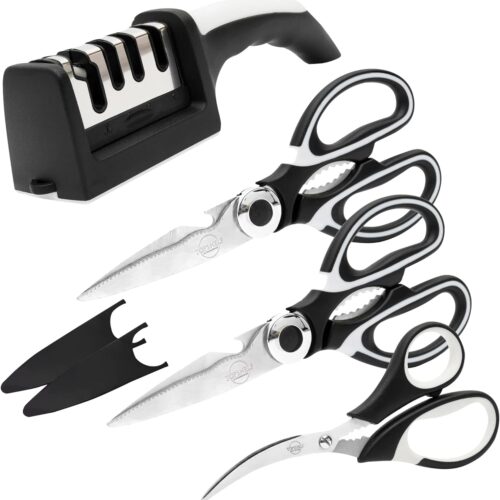 Heavy Duty Kitchen Shears with Knife and Scissor Sharpener Tool – Multipurpose Stainless Steel Scissors for Food – Sharp Food-Grade Kitchen Scissor for Meat, Seafood, Poultry – 4 Piece Set