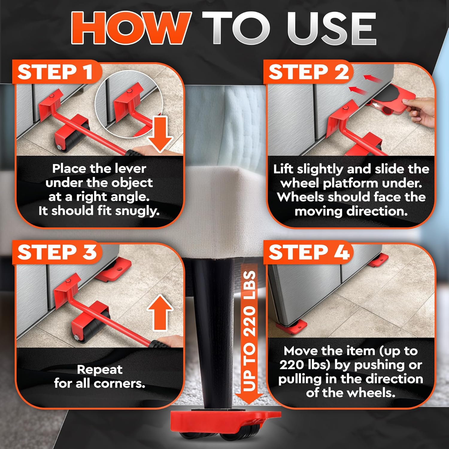 Heavy Furniture Movers with Wheels – Heavy Furniture Mover Tool Set 220 Lbs Capacity, 11.9" Lever & 3.69"x2.88" Sliders with Appliance Lifter – Floor Kit for Sofas, Refrigerators & Kitchen Appliances - Image 2