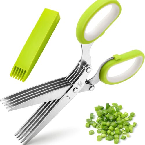 Herb Scissors, X-Chef Multipurpose 5 Blade Kitchen Herb Shears Herb Cutter with Safety Cover and Cleaning Comb for Chopping Basil Chive Parsley (Green)