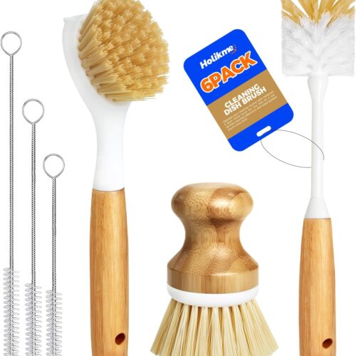 Holikme 6 Pack Dish Brush Kitchen Brushes Set with Bottle Brush, Dish Brush, Palm Scrub Brush and Straw Brush, Fruit Vegetable Cleaning Brushes, Long Handle for Skillet Wok Pot Pan Cast Iron, Yellow