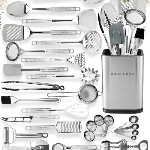 Home Hero 54 Pcs Stainless Steel Kitchen Utensils Set – Nonstick Stainless Steel Cooking Utensils Set – Heat Resistant Kitchen Essentials & Metal Kitchen Gadgets (54 Pcs)