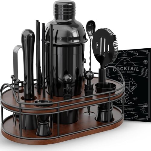 Home Hero Elegant Bartender Kit with Wooden Stand, Premium Bar Set & Cocktail Shaker, Gift for Home Bar and Cocktail Enthusiasts, Essential Bar Accessories with Recipe Book (22 Pcs – Black)
