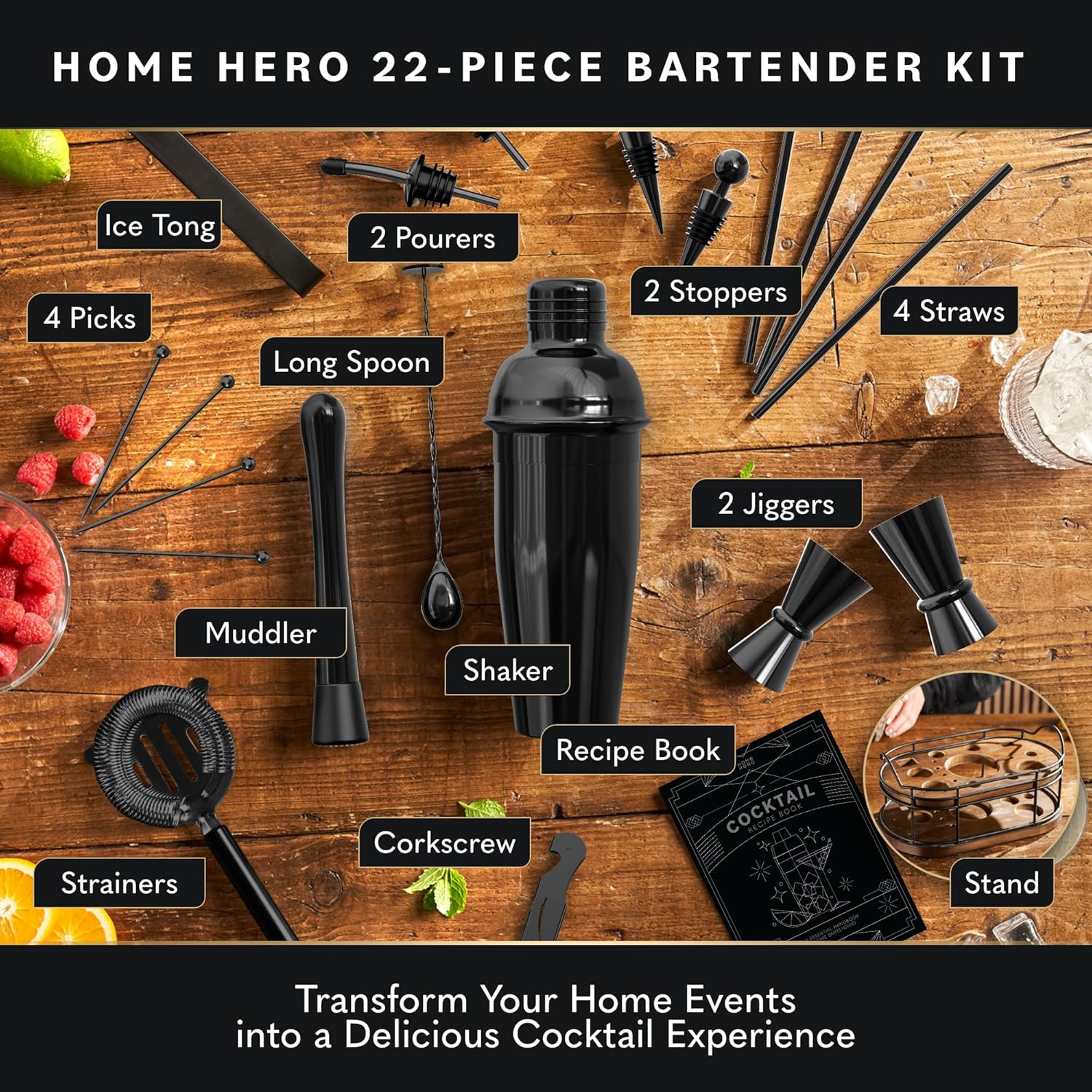 Home Hero Elegant Bartender Kit with Wooden Stand, Premium Bar Set & Cocktail Shaker, Gift for Home Bar and Cocktail Enthusiasts, Essential Bar Accessories with Recipe Book (22 Pcs - Black) - Image 2