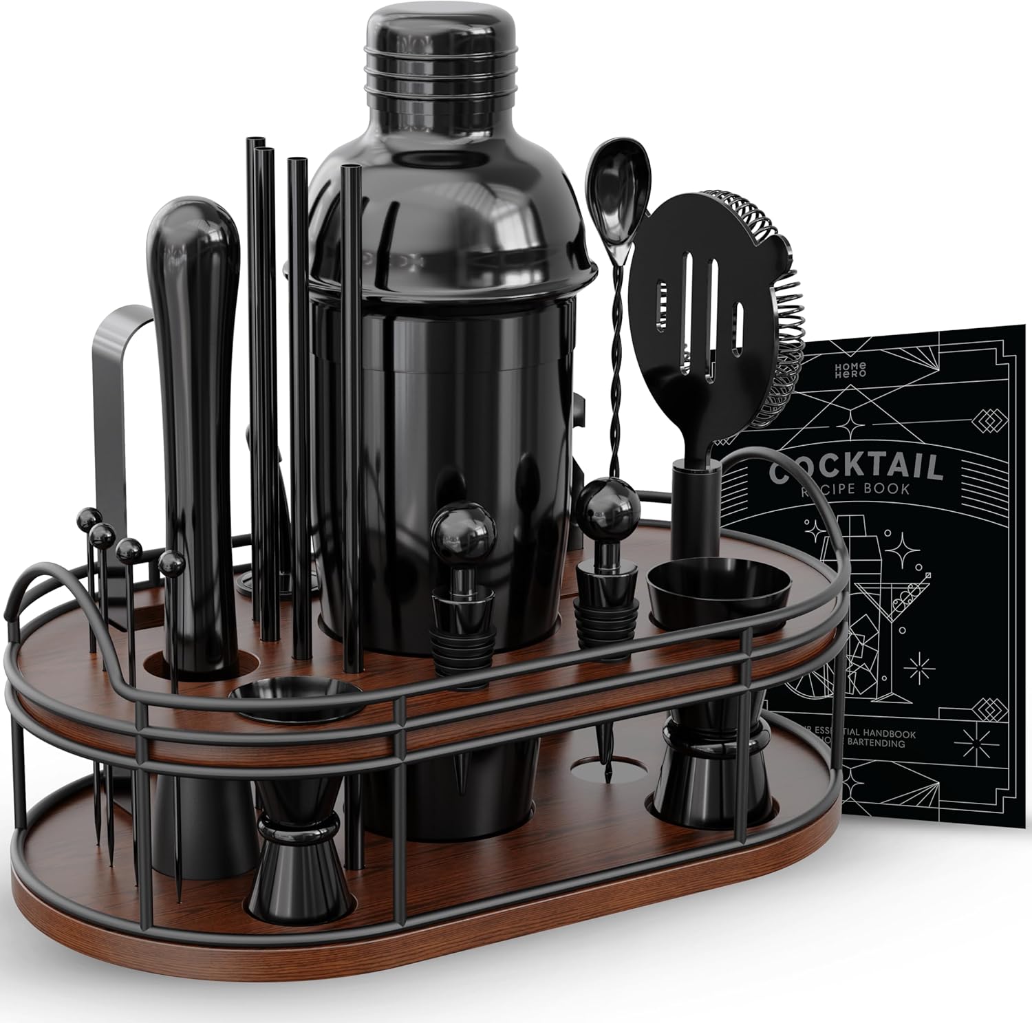 Home Hero Elegant Bartender Kit with Wooden Stand, Premium Bar Set & Cocktail Shaker, Gift for Home Bar and Cocktail Enthusiasts, Essential Bar Accessories with Recipe Book (22 Pcs - Black)