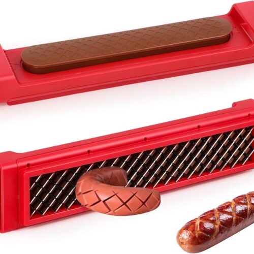 Hot Dog Cutter Tool – Pop-Out Hot Dog Slicer Criss Cross, Stainless Steel Blades, Suitable for Kitchen, Grilling, Tailgating, Camping and Backyard Outdoor BBQ – 11 Inch – Red