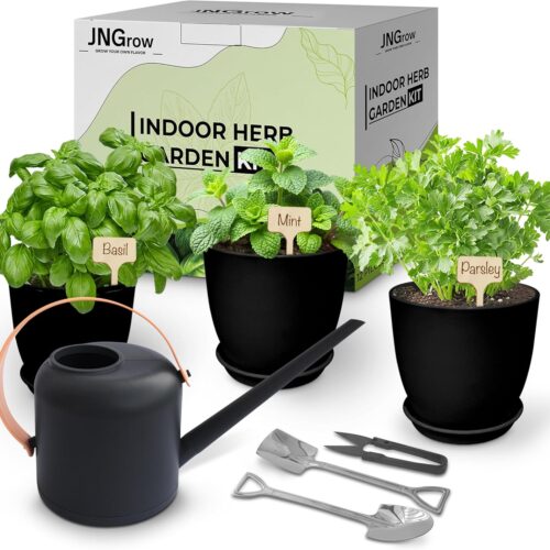 Indoor Garden Kit – Plant Pots with Drainage, Watering Can & Tools – Ideal Windowsill Planter Set – Modern Home & Kitchen Decor Gift – Black