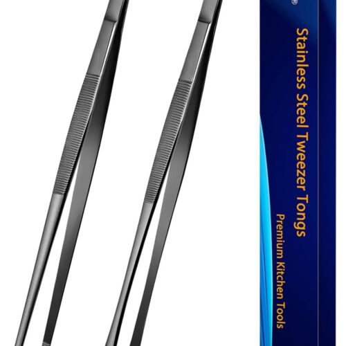 JETKONG 2 Pcs 12-Inch Kitchen Tweezers Tongs with Precision Serrated Tips, Stainless Steel Chef Tweezer Professional Cooking Tweezers for BBQ, Plating and Serving (12-Inch, Black)