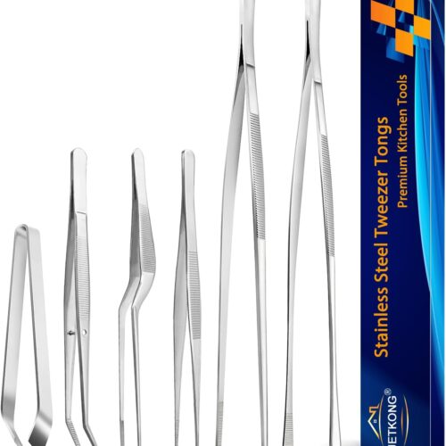 JETKONG 6 Pcs Cooking Tweezer Tongs, 12” and 6.3″ Stainless Steel Kitchen Tweezer Set, Professional Chef Tweezers for Cooking, Repairing, Sea Food, BBQ, Multi-use