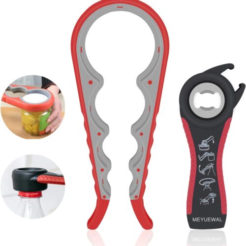 Jar Opener, 5 in 1 Multi Function Can Opener Bottle Opener Kit with Silicone Handle Easy to Use for Children, Elderly and Arthritis Sufferers (Apple Red)
