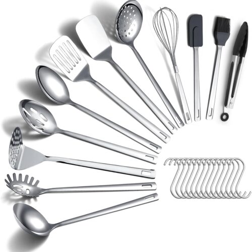 Kitchen Cooking Utensils Set 26 Pieces, Stainless Steel Heavy Duty Sturdy Kitchen Tool Set with Hooks, Metal Spatula & Spoon Set Ergonomic Hanging Handles for All Cooking Tasks