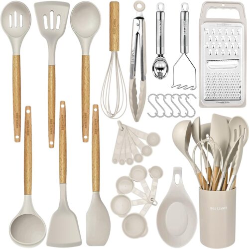 Kitchen Cooking Utensils Set,29 pcs Non-Stick Silicone Cooking Kitchen Utensils Set with Holder, Wooden Handle Silicone Kitchen Gadgets Utensil Set Spatula Turner Spoon Tongs Whisk (Khaki)