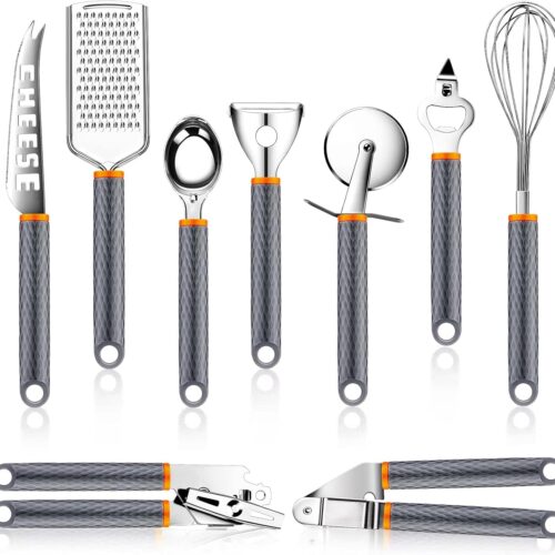 Kitchen Gadget Utensil Set, 9PCS Stainless Steel Cooking & Baking Accessory with Non-Slip Silicone Handle, Set Includes Knife, Peeler, Grater, Whisk, Garlic Press, Pizza Cutter and Bottle Can Opener