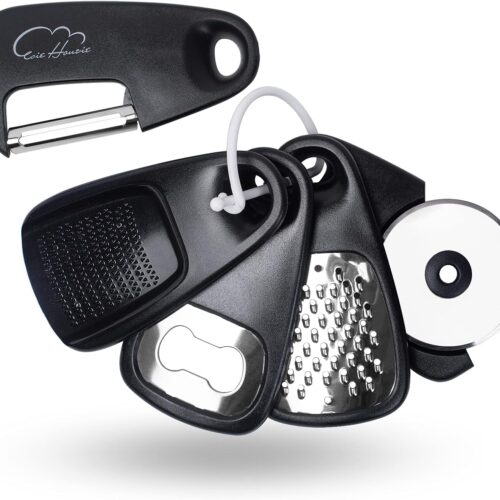 Kitchen Gadgets Set 5 Pieces, Space Saving Cooking Tools Kitchen Accessories – Fruit/Vegetable Peeler, Cheese/Chocolate Grater, Bottle Opener, Pizza Cutter, Garlic/Ginger Grinder Gift Set (Black)