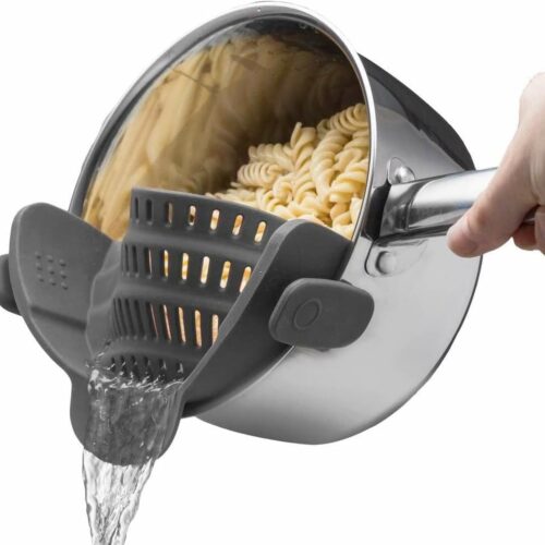 Kitchen Gizmo Snap N’ Strain – Silicone Pasta Strainer Clip-On for Pots and Pans – Heat Resistant Colander for Vegetables and Noodles – Kitchen Gadgets for Cooking – Space-Saving Design – Gray