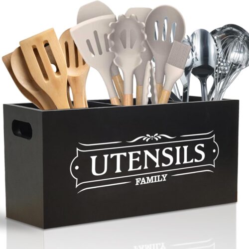 Kitchen Utensil Holder for Countertop, Extra Large Organizers and Storage – Wooden Farmhouse Decor and Utensil Crock for Kitchen Counter, Rustic Countertop Organizer for Cooking Tools(Black)