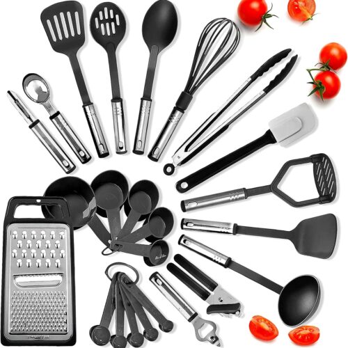 Kitchen Utensils Set – 24 PCS Nylon Cooking Utensils Set, Kitchen Spatula Set with Stainless Steel Handles – Heat Resistant Non-Stick Kitchen Tools – Black Kitchen Utensil Set