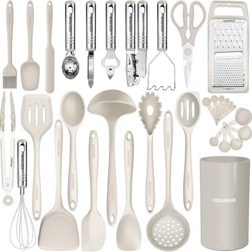 Kitchen Utensils Set – 446°F Heat Resistant Silicone Cooking Utensils Set-Kitchen Tools and Gadgets for Cooking Nonstick Cookware with Tongs,Turner,Spatula,Spoon,Brush,Peeler,Grater,Scissors (Khaki)
