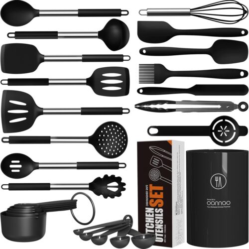 Large Silicone Cooking Utensils Set – Heat Resistant Kitchen Utensils Sets,Spatula,Spoon,Turner Tongs,Brush,Whisk,Stainless Steel Silicone Cooking Utensil for Nonstick Cookware Dishwasher Safe (Black)