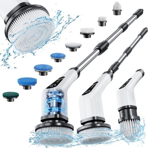 Leebein Electric Spin Scrubber, Cordless Cleaning Brush with 8 Replaceable Brush Heads, Tub and Floor Tile 360 Power Scrubber Dual Speed with Adjustable & Detachable Handle for Bathroom Kitchen Car