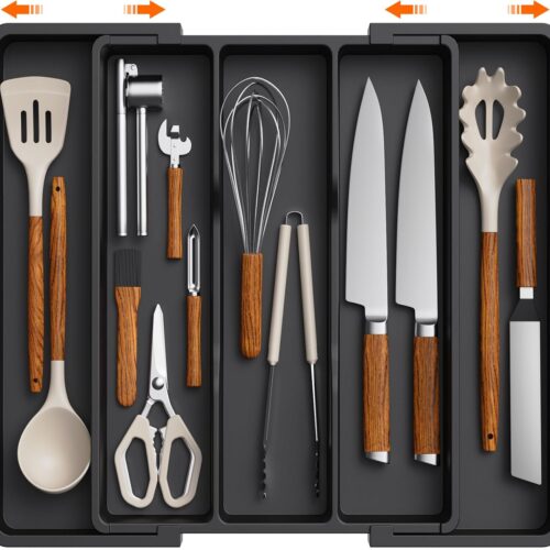 Lifewit Utensil Organizer for Kitchen Drawers, Expandable Cooking Utensil Tray, Adjustable Cutlery Silverware Flatware Holder, Plastic Kitchen Spatula Tools and Gadgets Storage Divider, Large, Black